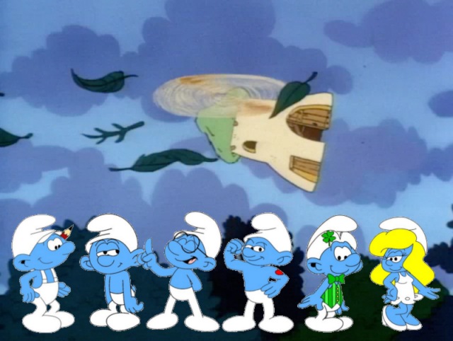 The tale of six Smurfs in a flying windmill